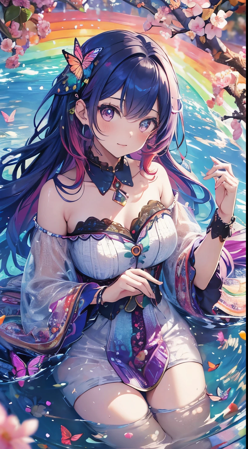 cute women with rainbow hair,  multicolored butterflies, water, colorful blossoms 