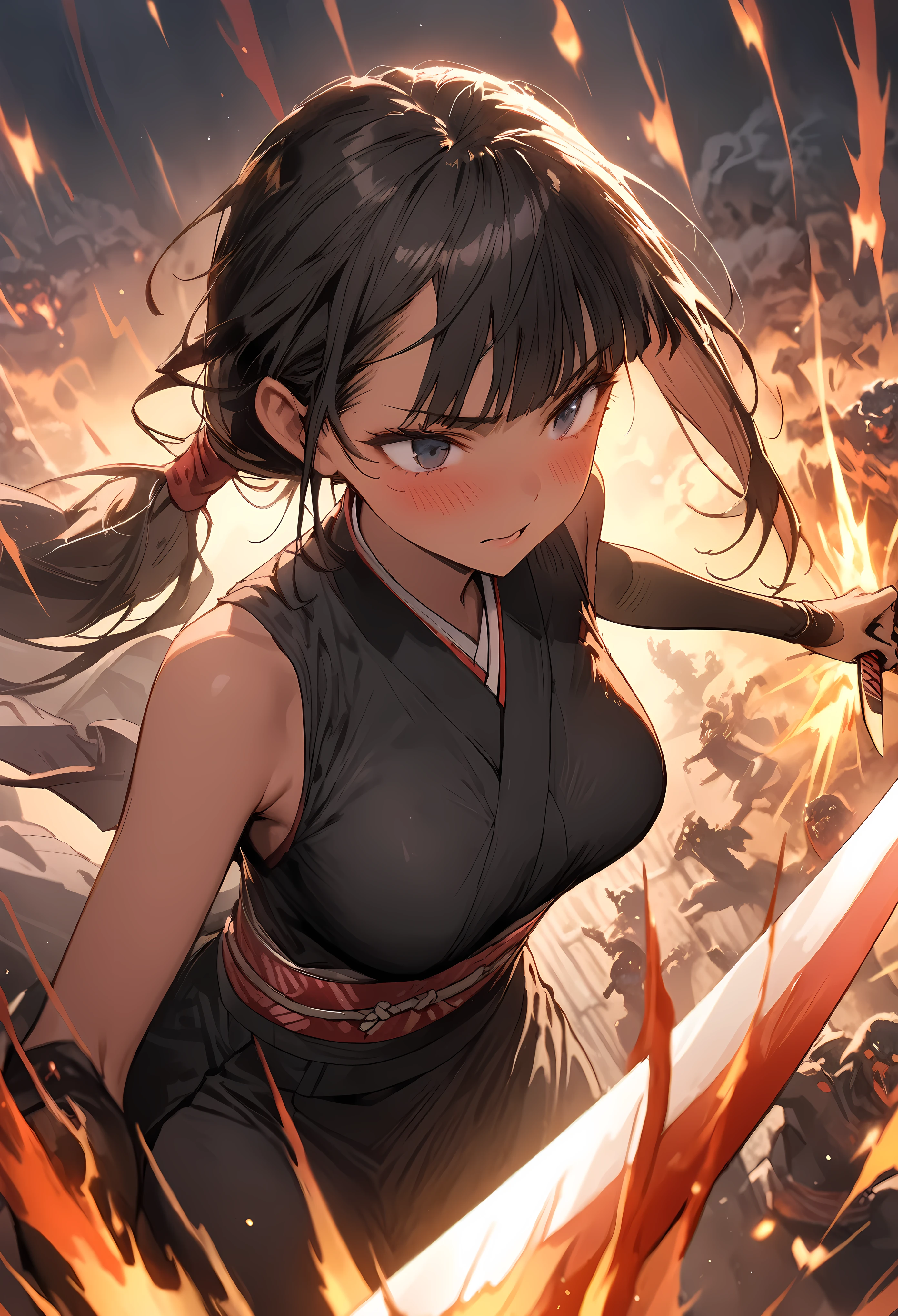 Action Scenes、(A woman fighting countless monsters),((masterpiece,Highest quality:1.3,best quality illustration)), solo,1woman,(Mature Japan beauties)、black hair,(low ponytail hair style),long hair,blunt bangs,black eyes,gorgeous eyes,((very small head:1.3)),blush,Serious expression,((very long body:1.2)),medium breasts,(tan skin), (gleaming skin,toned body,slender body, skinny),(Female Ninja Costume、A simple, patternless black kimono、、Black Skirt、Side slits,Holding a precisely rendered Japanese sword),fly、rooftop of high-rise building、Moonlit Night、Tokyo、