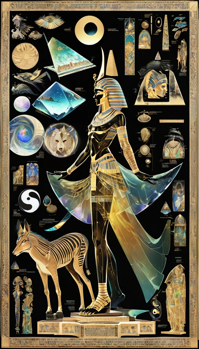 best quality, super fine, 16k, 2.5D, delicate and dynamic depiction, X-ray, transparent translucent iridescent pyramids, Egyptian mythology, Greek mythology, Mesopotamian mythology, Tutankhamun's golden hoard, yin-yang symbol, scientific artwork