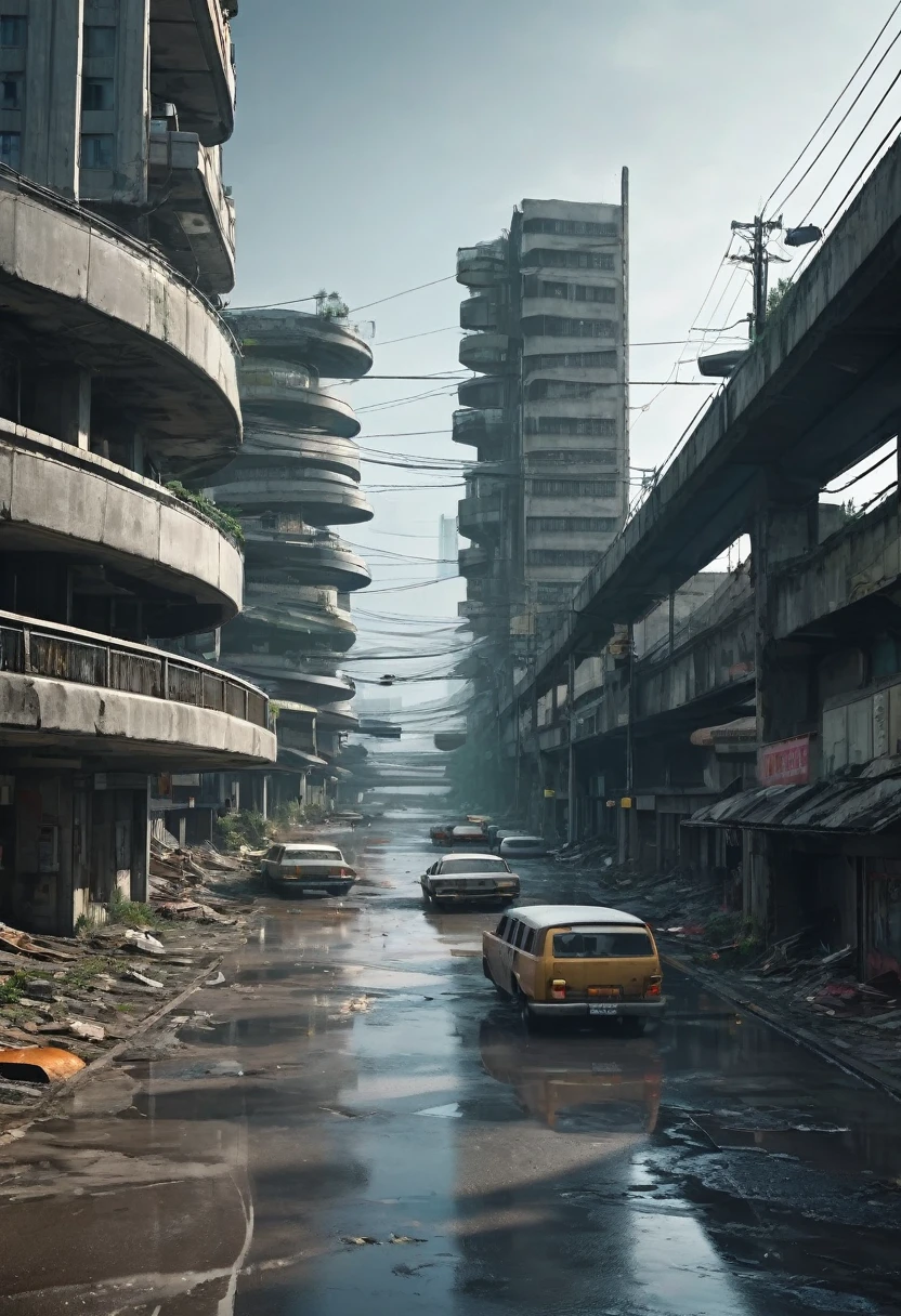 Image of a dilapidated gray concrete curved overpass supported by wide pillars and tall cars passing over the center of an ultra futuristic modern abandoned city with abandoned rusty and dirty abandoned crashed rusty cars and buses and upside down standing on the street, has dirty modern round and circular buildings in ruins, cyberpunkstyle, gray environment, image with shades of gray, rain and puddles of water on the ground, Science fiction, top view from a height of 130 meters above the ground, apocalipse nuclear, urban scenery with poles with traffic lights turned off and wires from poles lying on the ground,  there is a rusty chain link fence around the buildings, There are billboards that have been erased and fallen from buildings, many buildings on the horizon, there are collapsed buildings, rubble and garbage in the streets, as realistic as possible, high qualiy, 4K, hyperdetailed