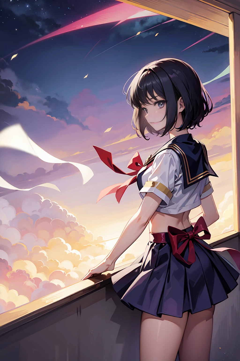 Sailor Saturn (Sailor Moon Anime), standing in a balcony at night, <lora:GoodHands-, <lora:GoodLegs-, UHD, high resolution, (expressive eyes, perfect face, full body, expressive face, perfect body, perfect pussy, athletic, fit, slim body, blushing, Perfect makeup, eyeliner, beautiful eyelashes, smiling, horny face), ((best illumination, best shadows)), ((sexy pose)), brooch, white gloves, choker, skirt, star (symbol), purple footwear, knee boots, star brooch, earrings, sailor collar, bow, cross-laced footwear, pleated skirt, brown bow, gloves, elbow gloves, purple skirt, jewelry, boots, back bow, lace-up boots, magical girl, star choker, purple sailor collar, purple eyes, black hair, short hair, EPsmSailorSaturn, sailor_saturn, sailor senshi uniform, tiara, sailor saturn