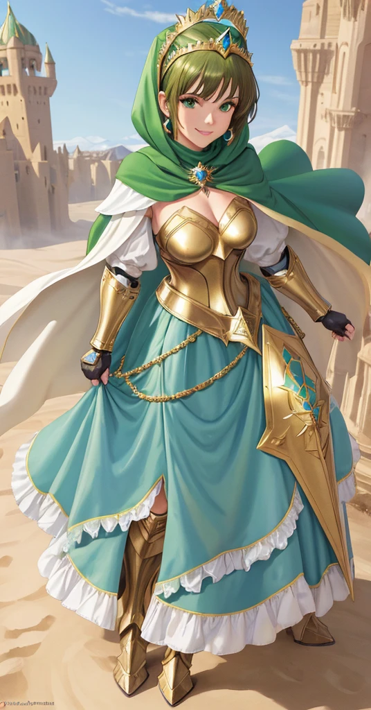 masterpiece, best quality:1.2), 1girl, smile, looking at viewer, green eyes, short brown hair, princess, armor, blue hijab headscarf, pauldrons, armored dress, green cloak cape, wearing puffy blue ballgown skirt, golden tiara with green gem, armored boots, fingerless gloves, standing in front of desert castle