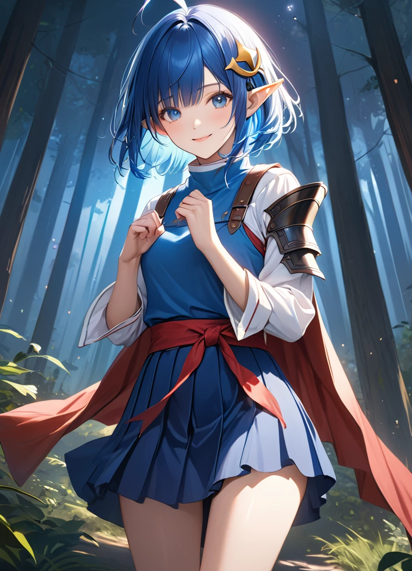 Ultra-realism, 1girl, RENA LANFORD, 1GIRL, AHOGE, BLUE HAIR, SHORT HAIR, BLUE EYES, POINTY EARS CRESCENT HAIR ORNAMENT, RED CAPE, BLUE VEST, LEATHER ARMOR, RED RIBBON, WAIST RIBBON, BLUE SKIRT, MINISKIRT, SHOES, BREAK kawaii, smile, cowboy shot, own hands clasped, forest, night, lightning bug, light particle, BREAK detailed face, smooth skin, cinematic lighting, volumetric shadow, BREAK masterpiece, best quality, very aesthetic, absurdres, detailed background, newest, intricate, 