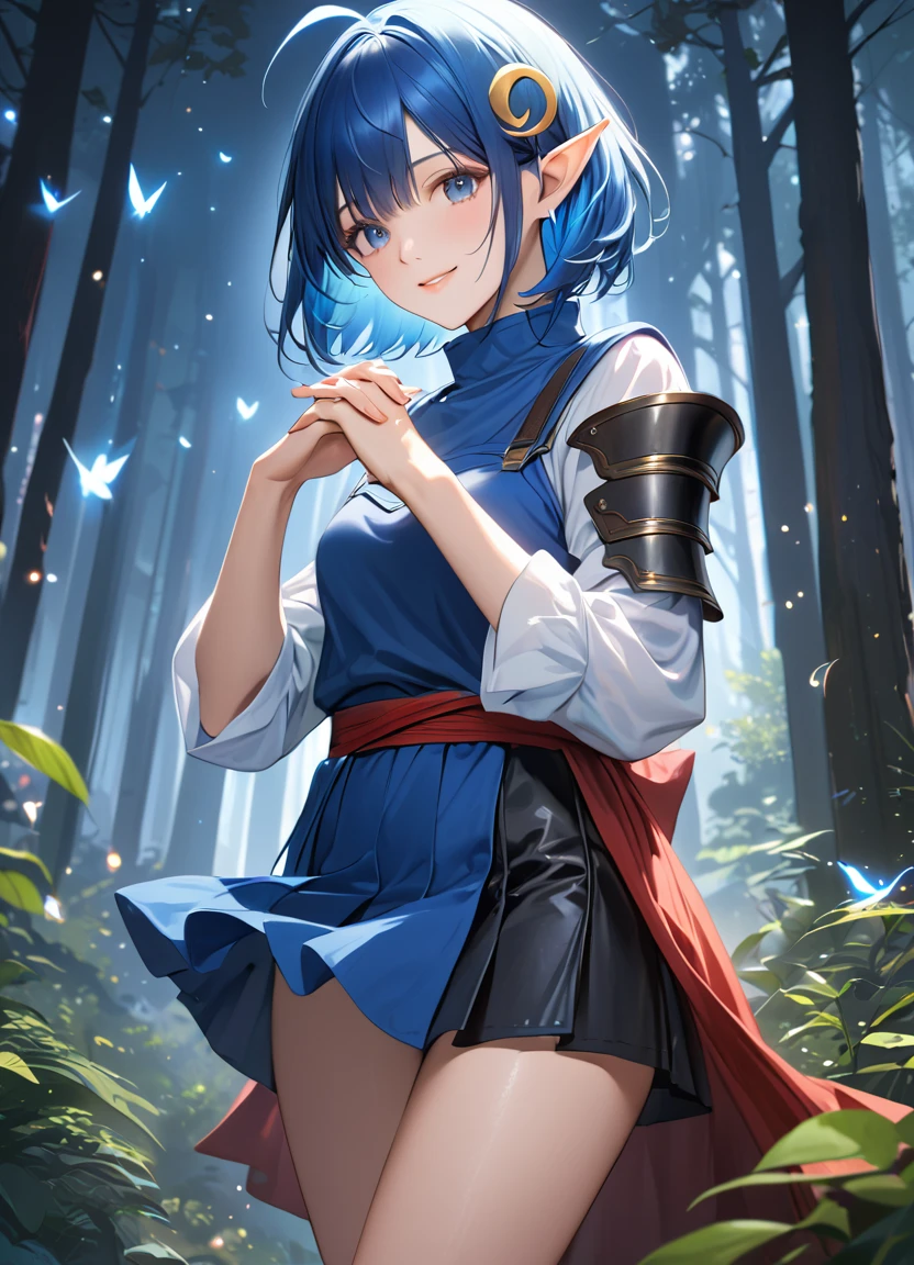 Ultra-realism, 1girl, RENA LANFORD, 1GIRL, AHOGE, BLUE HAIR, SHORT HAIR, BLUE EYES, POINTY EARS CRESCENT HAIR ORNAMENT, RED CAPE, BLUE VEST, LEATHER ARMOR, RED RIBBON, WAIST RIBBON, BLUE SKIRT, MINISKIRT, SHOES, BREAK kawaii, smile, cowboy shot, own hands clasped, forest, night, lightning bug, light particle, BREAK detailed face, smooth skin, cinematic lighting, volumetric shadow, BREAK masterpiece, best quality, very aesthetic, absurdres, detailed background, newest, intricate, 