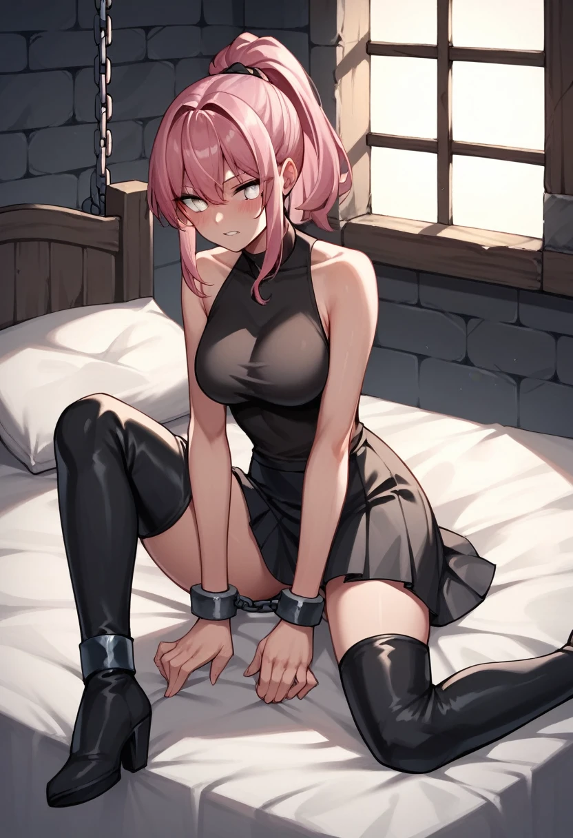 score_9, score_8_up, score_7_up, score_6_up, score_5_up, score_4_up, source_anime, 1girl,bed, pink hair ,ponytail, white eyes, fear, w-w-chain, shackles, spraed arms, black shirt, skirt, black boots, thigh high boots, night, dungeon, best quality, best res, 4K UHD,
 