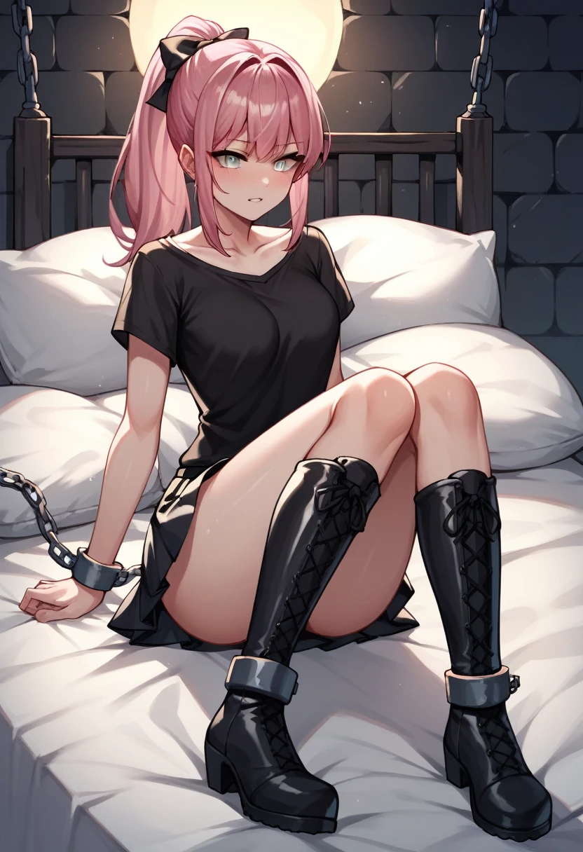 score_9, score_8_up, score_7_up, score_6_up, score_5_up, score_4_up, source_anime, 1girl,bed, pink hair ,ponytail, white eyes, fear, w-w-chain, shackles, spraed arms, black shirt, skirt, black boots, thigh high boots, night, dungeon, best quality, best res, 4K UHD,