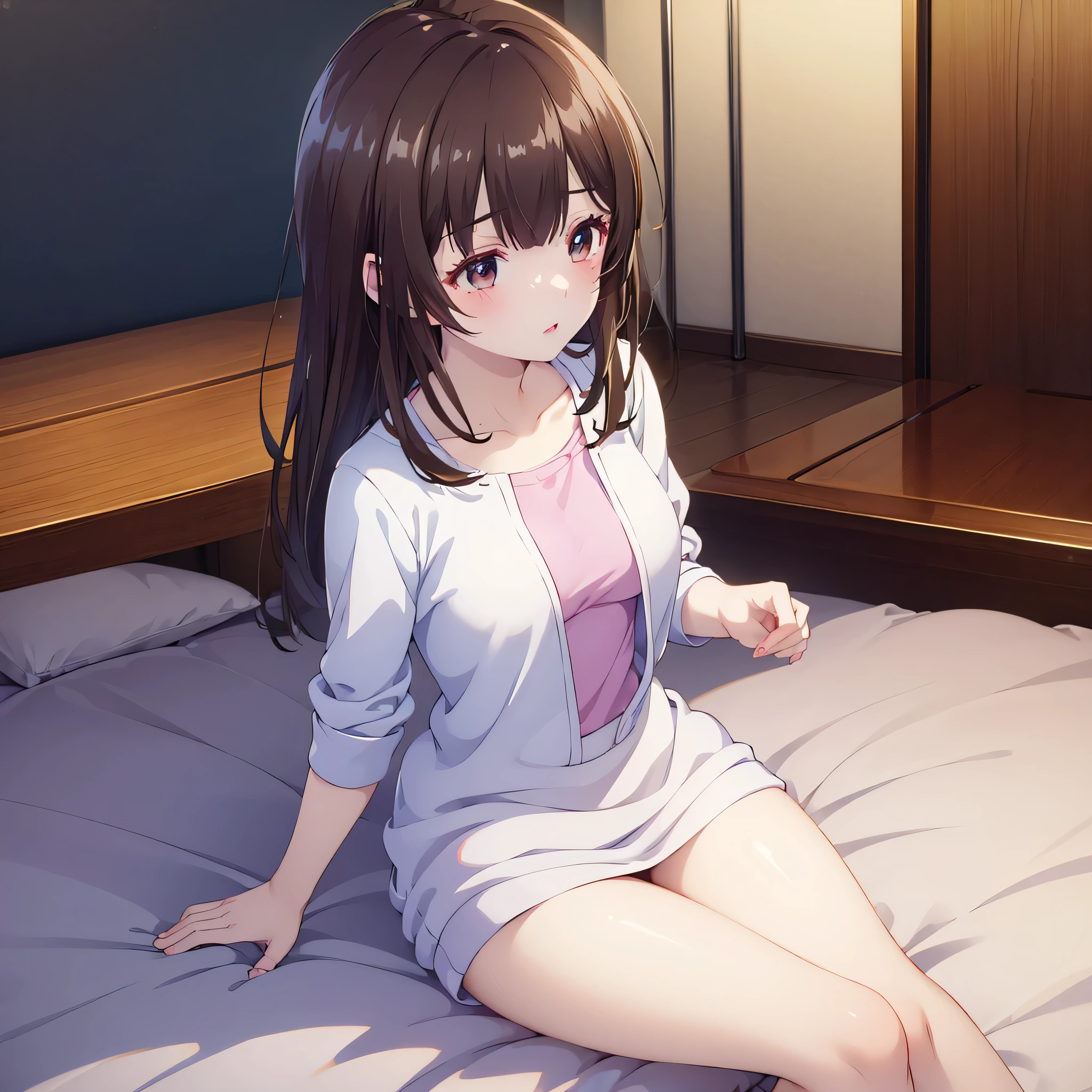 ((masterpiece)), ((Best Quality)), (Ultra-detailed), Anime style, Cute , 1girl in, Solo, 8k, sitting on the bed , no pant,nobra