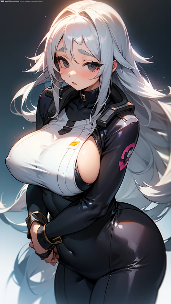 Plump girl, long silver hair, black eyes, big breasts, Age 18, human, Show your breasts