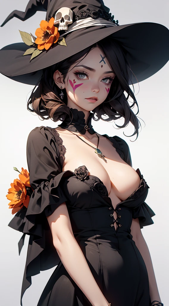 Woman in elegant Victorian dress, flowers on her head, orange flowers in the background, face paint skull design, skull necklace, round black eye makeup, large flowers drawn on her forehead, white skin, witch, witch’s hat, 