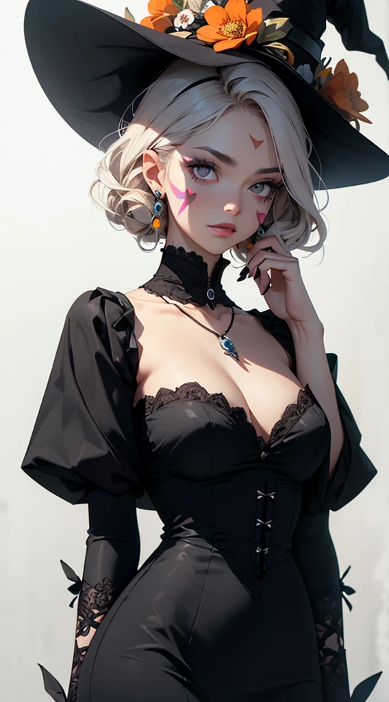 Woman in elegant Victorian dress, flowers on her head, orange flowers in the background, face paint skull design, skull necklace, round black eye makeup, large flowers drawn on her forehead, white skin, witch, witch’s hat,
