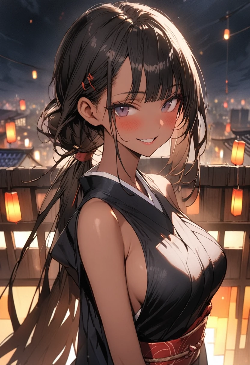 ((masterpiece,Highest quality:1.3,best quality illustration)), 独奏,1woman,(Mature Japan beauties)、black hair,(low ponytail hair style),long hair,blunt bangs,black eyes,gorgeous eyes,((very small head:1.3)),blush,A strong smile,((very long body:1.2)),medium breasts,(tan skin), (gleaming skin,toned body,slender body, skinny),(Female Ninja Costume、A simple, patternless black kimono、Black ide slits),standing、rooftop of high-rise building、Moonlit Night、Modern Tokyo、