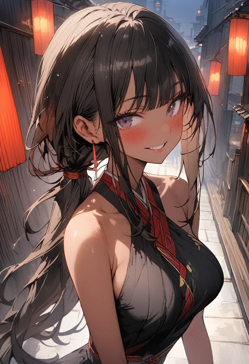 ((masterpiece,Highest quality:1.3,best quality illustration)), 独奏,1woman,(Mature Japan beauties)、black hair,(low ponytail hair style),long hair,blunt bangs,black eyes,gorgeous eyes,((very small head:1.3)),blush,A strong smile,((very long body:1.2)),medium breasts,(tan skin), (gleaming skin,toned body,slender body, skinny),(Female Ninja Costume、A simple, patternless black kimono、Black ide slits),standing、rooftop of high-rise building、Moonlit Night、Modern Tokyo、