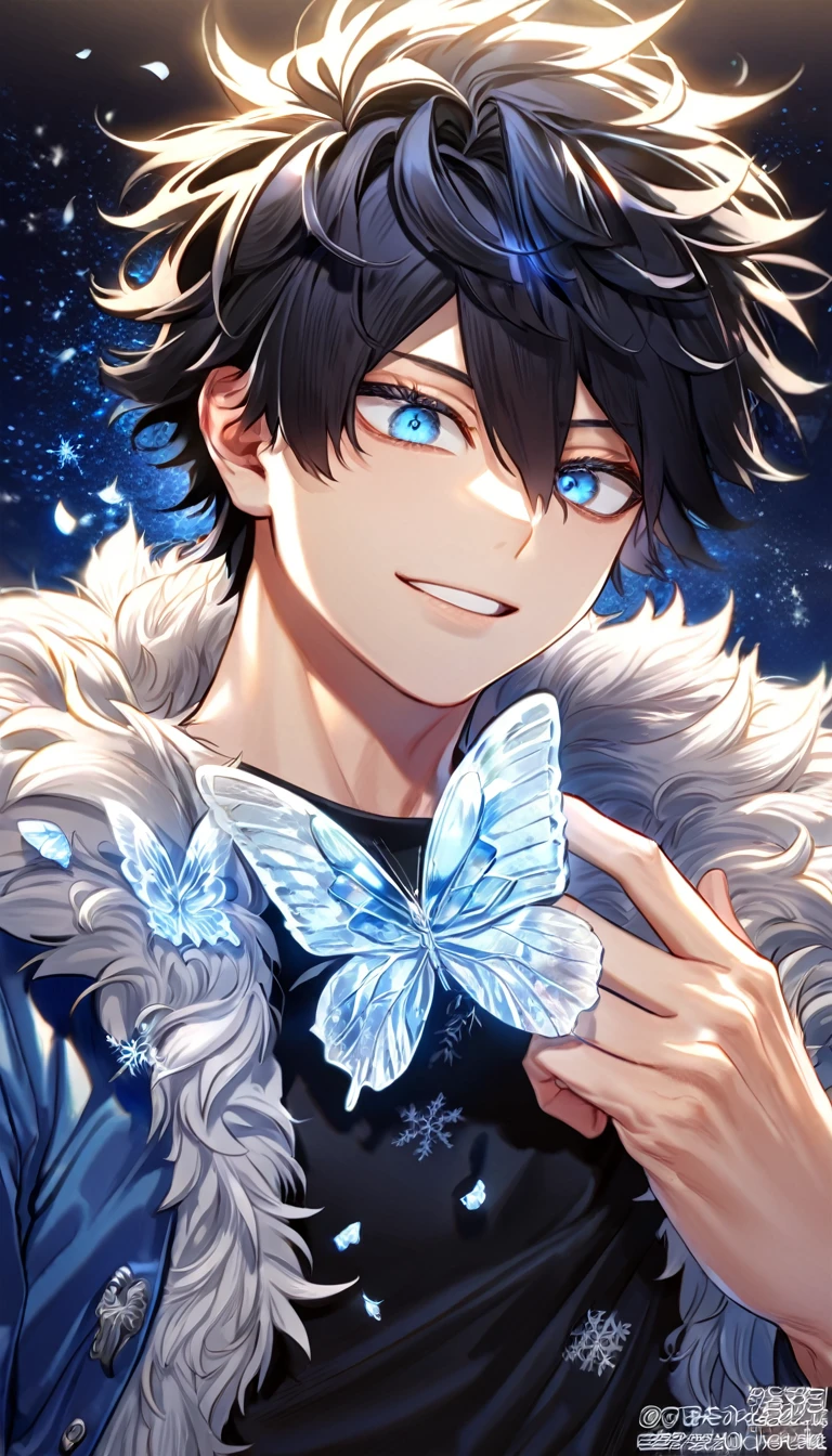 absurdres, highres, ultra detailed, HDR, master piece, best quality, extremely detailed face, delicated features, Gojou Satoru with black hair, messy hair, hair between the eyes, expressive blue eyes, Boku No Hero Academia, sexy man, solo, handsome, smile, blue jacket with fur, black T-shirt, fantasy, magical, ice, ice butterflies, snowflakes, starry night, ice style