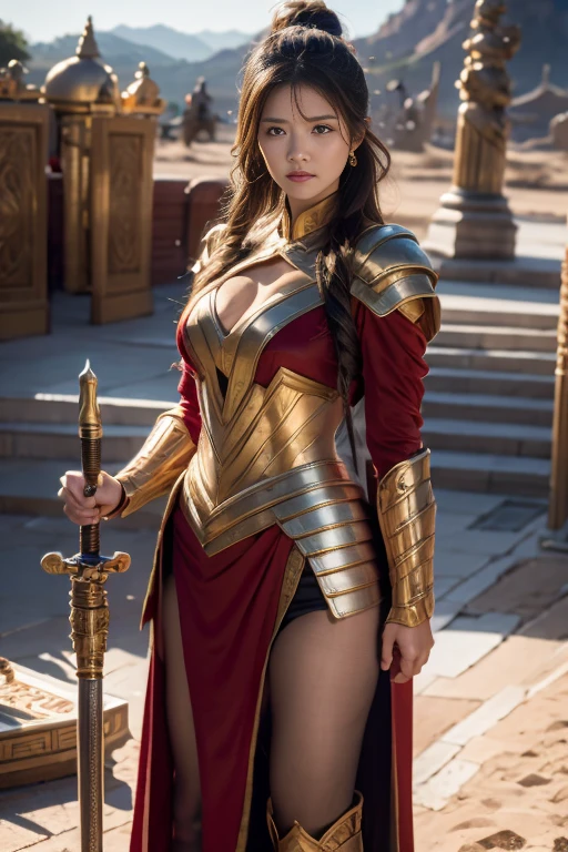 european, Ancient battlefield, Chinese female general, holding a sword in her hand, Serious expression, whole body, Stunning facial features, Red robe, armor, boots, Yellow sand flying in the sky, Fire, game model, stunning lighting, oc rendering, Film Rim Light, exquisite lighting, Ultra Detailed, Epic creation, Ultra HD, best quality, masterpiece, high quality, 8K