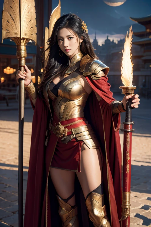 european, Ancient battlefield, Chinese female general, holding a sword in her hand, Serious expression, whole body, Stunning facial features, Red robe, armor, boots, Yellow sand flying in the sky, Fire, game model, stunning lighting, oc rendering, Film Rim Light, exquisite lighting, Ultra Detailed, Epic creation, Ultra HD, best quality, masterpiece, high quality, 8K