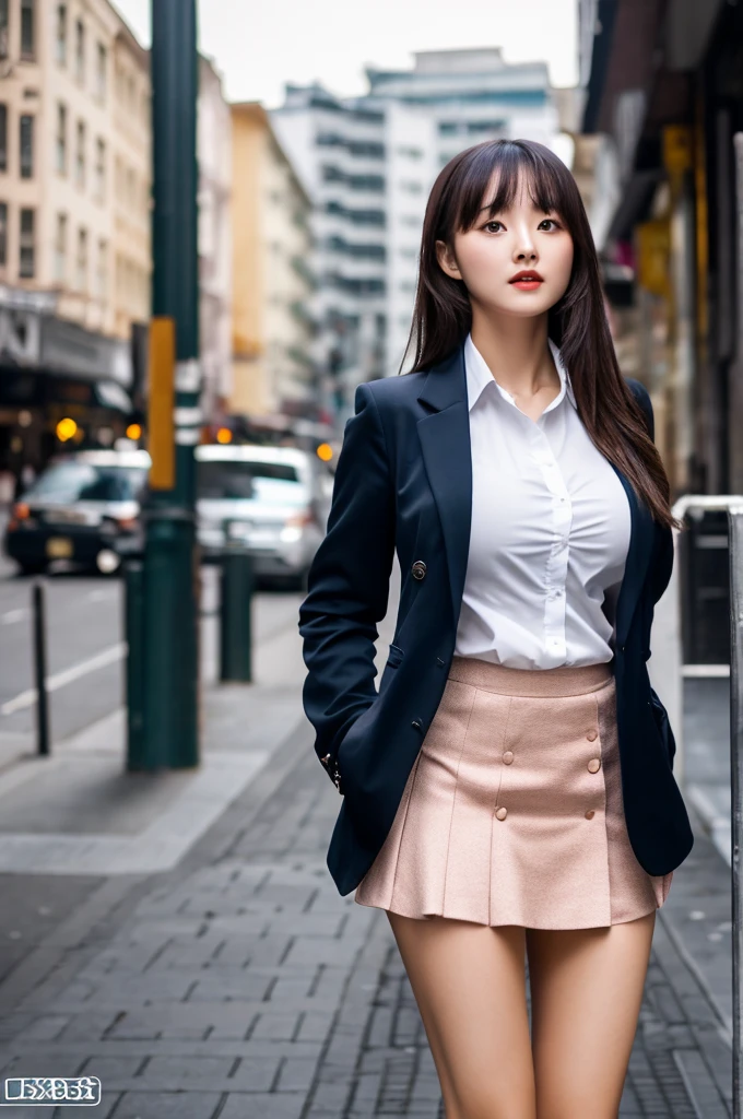 a 17 year old girl, she is the most beautiful actress in the world, the perfect body proportions of this girl, her large breasts are clothed with the formal shirt under the blazer which is appropriately buttoned on her waist area, the panties between her bare legs are hidden 99% by the short skirt, it's just the front of her body, it's just one description, there's no space at all above her head, the lower than her shins are out of space, she is standing straight at the street, nsfw, best quality, highly detailed, masterpiece, ultra high res, photo realistic, 8k, RAW photo