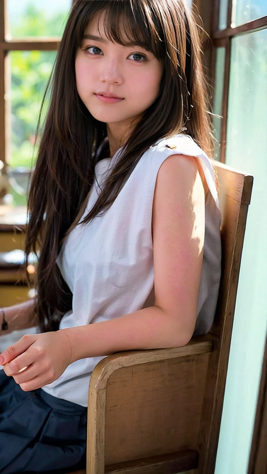Upper body portrait of a Japanese female high school student。Her straight black hair、Shoulder-length hair with bangs reaching the eyebrows。Each and every hair is drawn in detail.、Has a natural shine、It appears shiny where light hits it。Her skin has a healthy tone、Even the pores and fine hairs are depicted in detail.。The cheeks have a natural pale pink color.、Fine shadows are visible on the nose and forehead。

Her big brown eyes、The iris pattern is depicted in detail.、The pupil is clearly visible in the center。The light from the window is reflected in her eyes、The reflection of the light gives the eyes a little sparkle.。Her eyelashes are long、Each piece is carefully drawn。Eyebrows in a natural shape、The flow of hair is clearly visible。

Her face is a bright smile、Her mouth shows pure white teeth。The teeth are well aligned、The surface of the teeth is painted with subtle light reflections.。Lips are naturally pink、The texture and shine of the lips are also realistically expressed.。She is wearing a white blouse and a navy blue sailor uniform.、A bright red ribbon is tied neatly around the collar of the uniform.。The texture and wrinkles of the clothes&#39; fibers are also depicted in detail.、The sailor uniform has white lines on the collar and cuffs.。

In the background is a school classroom、Wooden desk and chair、You can see the blackboard。Natural light pours in through the large windows、It creates soft shadows on her face and clothes.。The light warms her skin、The subtle shading emphasizes the three-dimensionality of the face.。There is a bulletin board on the wall of the classroom.、The posters and notices posted there also look faint.。The reflected light in the eyes、Hair luster、Skin Texture、Even the details of the clothes、Everything is detailed down to the last detail.。