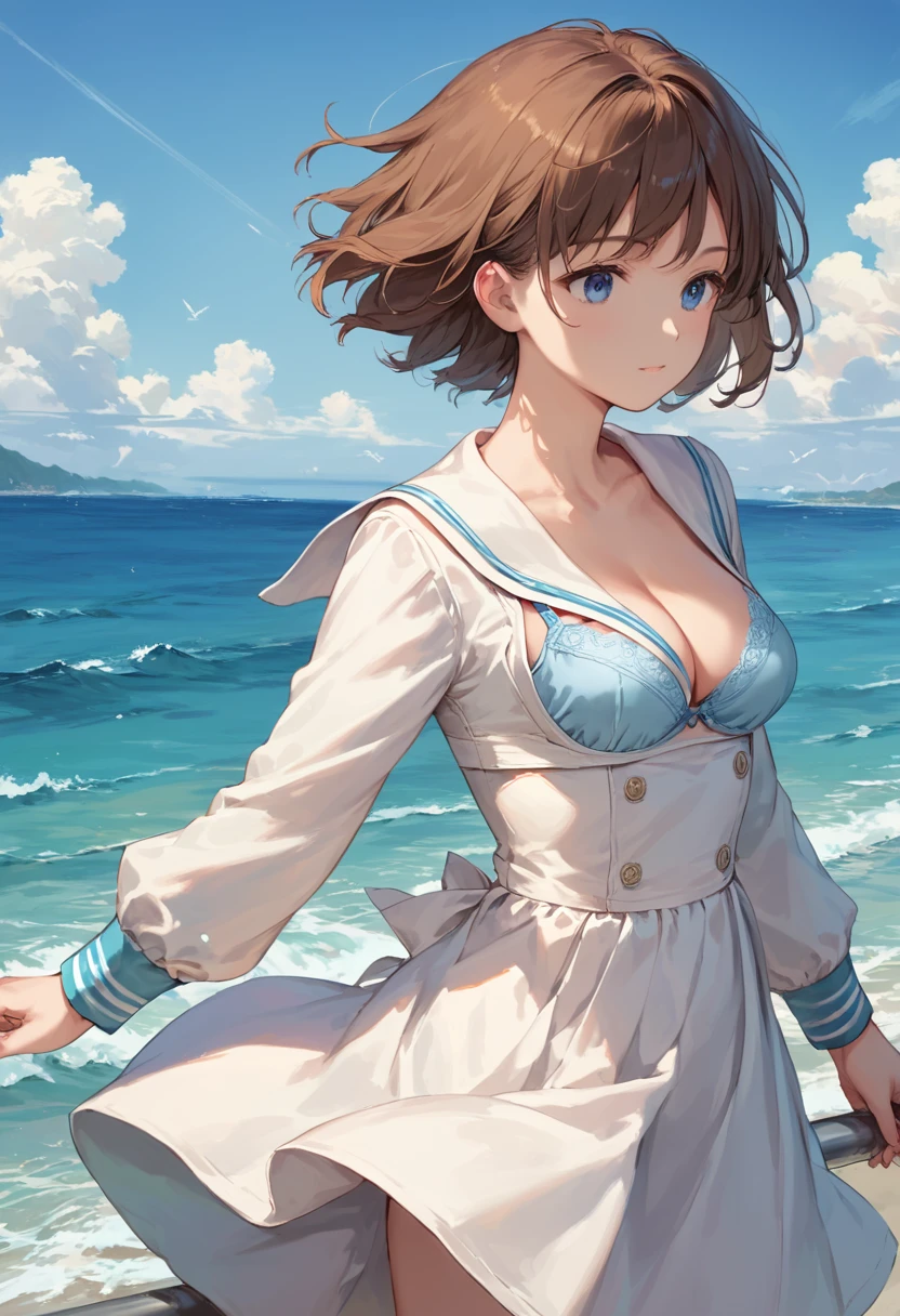 score_9,score_8_up,score_7_up,source_anime,cowboy shot,masterpiece,best quality,details background,extremely detailed,1girl, brown hair, blue eyes,medium breasts,short hair, sailor dress, long sleeves,white dress,day break,sea, cleavage, blue bra,