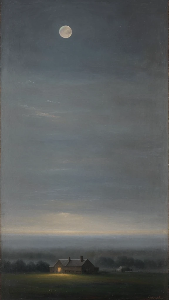 The scene depicted in the painting should be in tones of gray and delicate shades of white, with the dominant fog extending over the entire composition.
In the central part of the painting, endless fields shrouded in fog, full of blurred, ethereal shapes of dreams. Birds float above them, their outlines barely visible, as if made of snowflakes, blurring in the invisible wind.
The sky above the fields is dark, devoid of stars, but against its background you can clearly see the moon made of a delicate spider's web, from which a silvery thread flows down, connecting night with day, dreams with reality. The atmosphere of the painting should be calm, mysterious, almost meditative, conveying the feeling of infinity and unfulfillment.