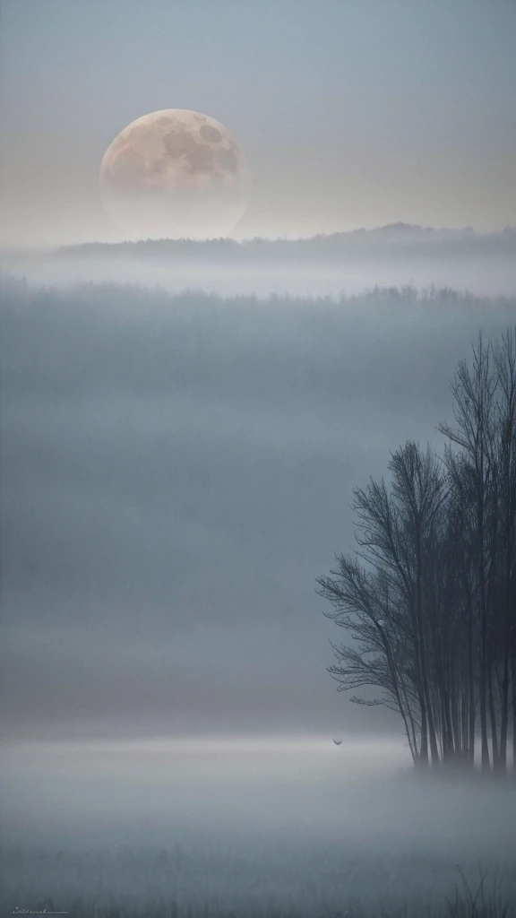 The scene depicted in the painting should be in tones of gray and delicate shades of white, with the dominant fog extending over the entire composition.
In the central part of the painting, endless fields shrouded in fog, full of blurred, ethereal shapes of dreams. Birds float above them, their outlines barely visible, as if made of snowflakes, blurring in the invisible wind.
The sky above the fields is dark, devoid of stars, but against its background you can clearly see the moon made of a delicate spider's web, from which a silvery thread flows down, connecting night with day, dreams with reality. The atmosphere of the painting should be calm, mysterious, almost meditative, conveying the feeling of infinity and unfulfillment.