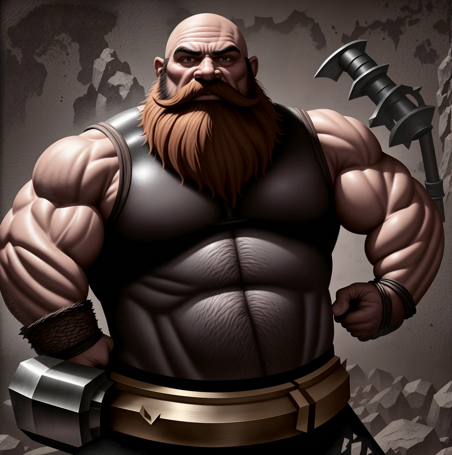 a very strong fantasy dwarf, sooty skin, long and thick beard and mustache, bald, very stout, steely eyes, ugly face, very muscular, wearing sleeveless leather armor, sleeveless leather shirt, armor spikes, gruff expression, holding a large maul hammer, wearing a tool belt, in a dark cave illuminated by a lantern