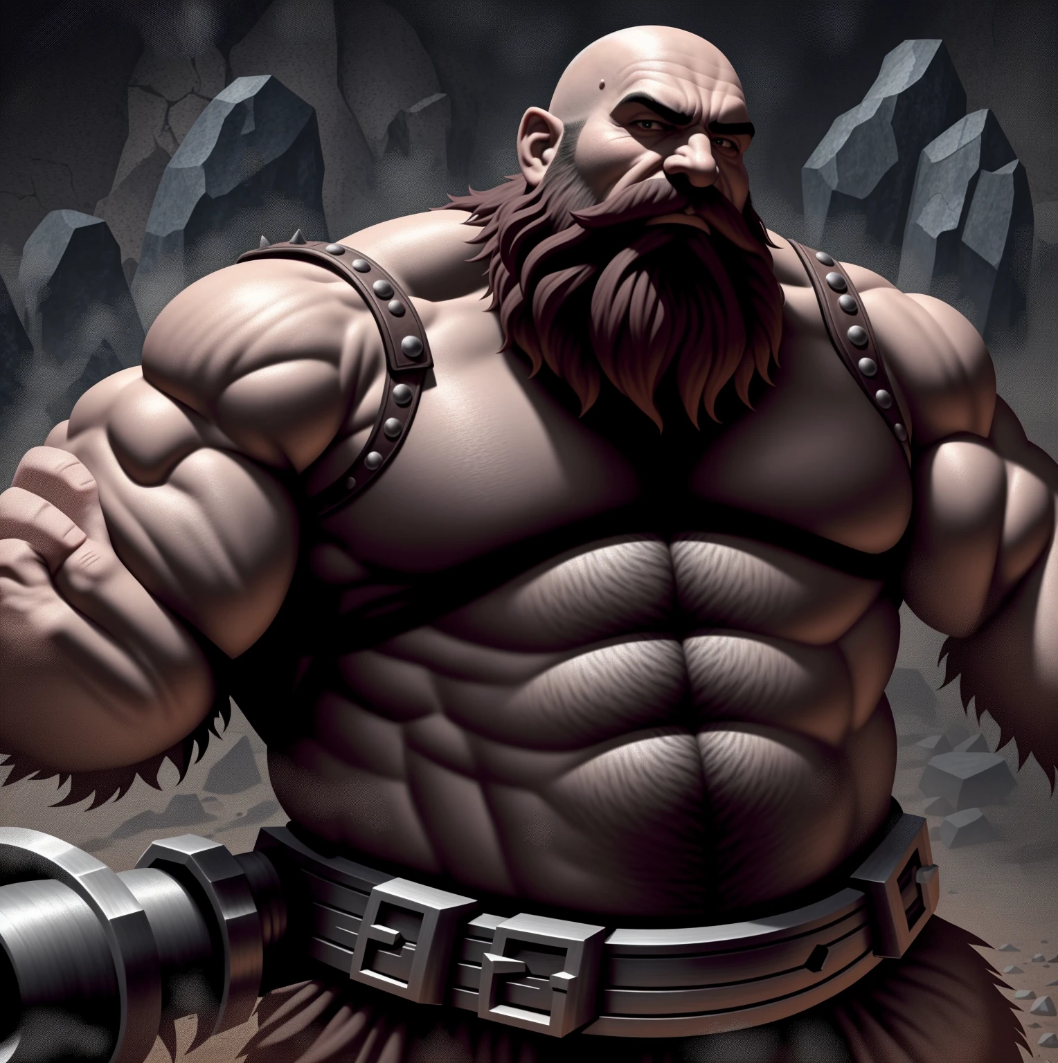 a very strong fantasy dwarf, sooty skin, long and thick beard and mustache, bald, very stout, steely eyes, ugly face, very muscular, wearing sleeveless leather armor, sleeveless leather shirt, armor spikes, gruff expression, holding a large maul hammer, wearing a tool belt, in a dark cave illuminated by a lantern
