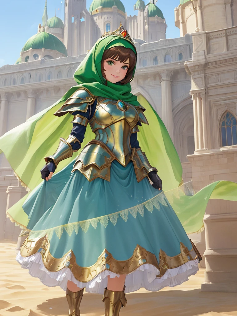 masterpiece, best quality:1.2), 1girl, smile, looking at viewer, green eyes, short brown hair, princess, armor, blue hijab headscarf, pauldrons, armored dress, green cloak cape, wearing puffy blue ballgown skirt, golden tiara with green gem, armored boots, fingerless gloves, standing in front of desert castle