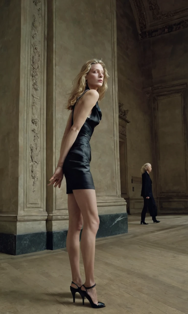 Louvre interior, fashion photoshoot, photographed by Annie Leibovitz, ultra high definition, realistic, perfect hands, perfect figures, perfect body