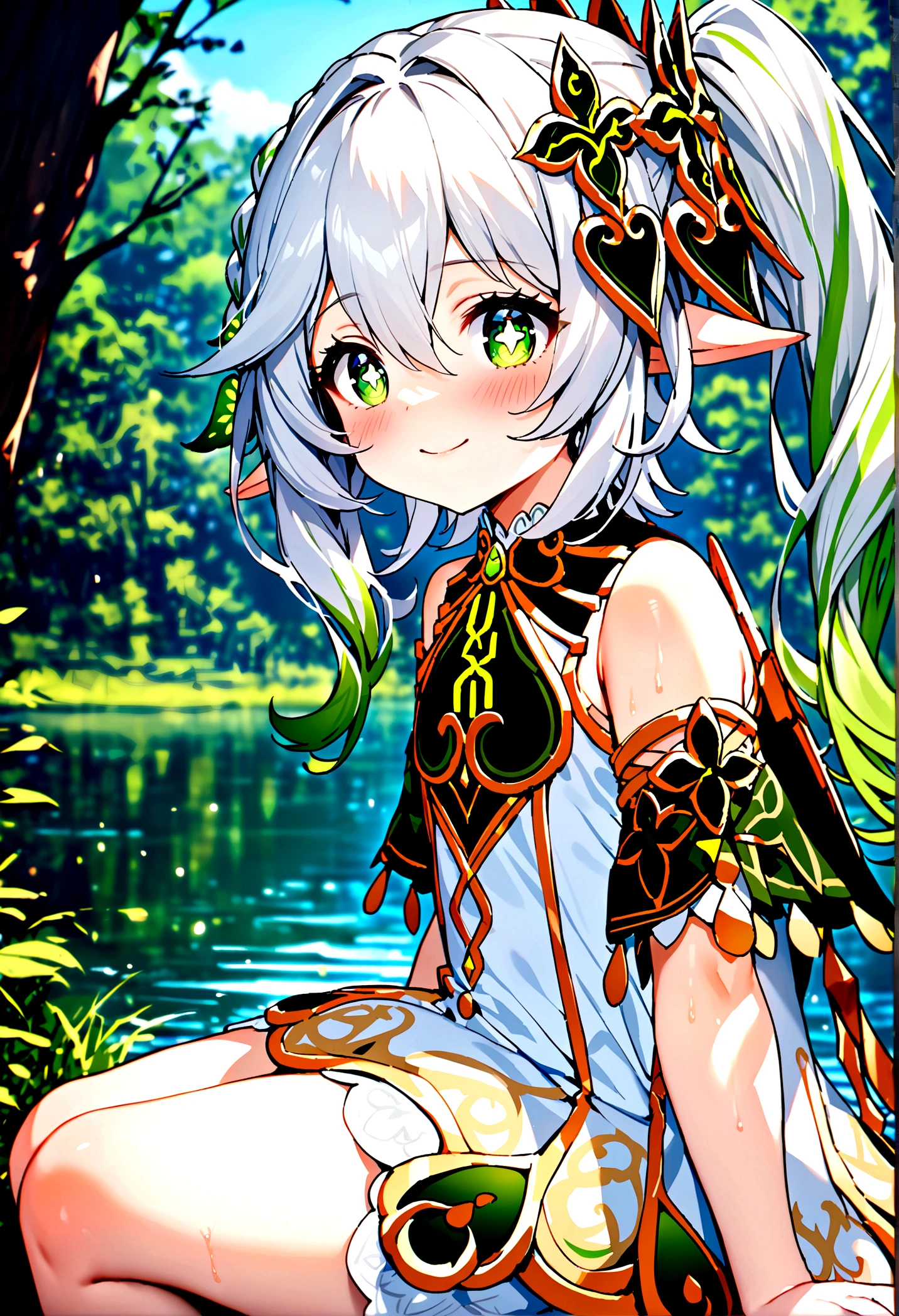 NSFW,masterpiece,Highest quality,High resolution,Super detailed,Nahida \(genshin impact\)、Green Eyes、dress、白いdress、Pointed Ears、Cruciform pupil、Symbol-shaped pupil、+ +、Side Ponytail、Long Hair、White Hair、Multicolored Hair、hair ornaments,blush,Expecting face,smile,in the forest,lake,Sitting,From the side