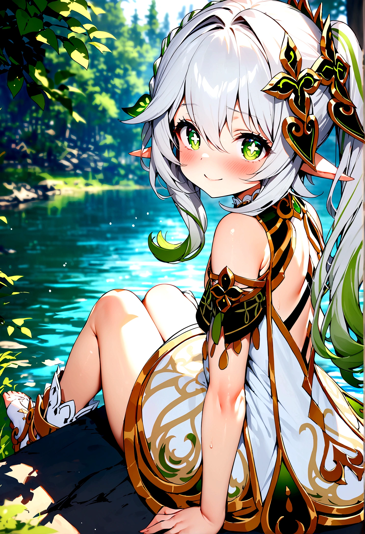 NSFW,masterpiece,Highest quality,High resolution,Super detailed,Nahida \(genshin impact\)、Green Eyes、dress、白いdress、Pointed Ears、Cruciform pupil、Symbol-shaped pupil、+ +、Side Ponytail、Long Hair、White Hair、Multicolored Hair、hair ornaments,blush,Expecting face,smile,in the forest,lake,Sitting,From the side