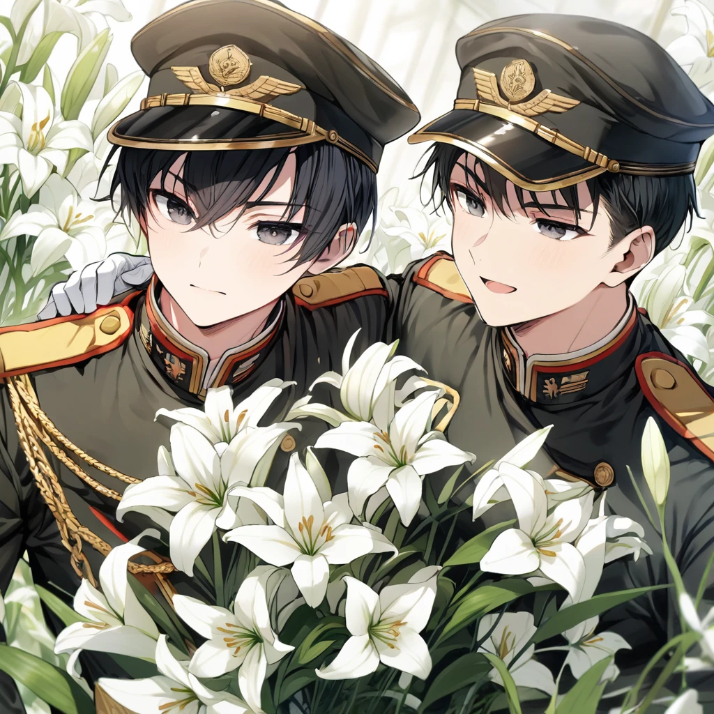 Black and gold military uniform, short black hair, young man, white gloves, white lilies, black eyes, military cap