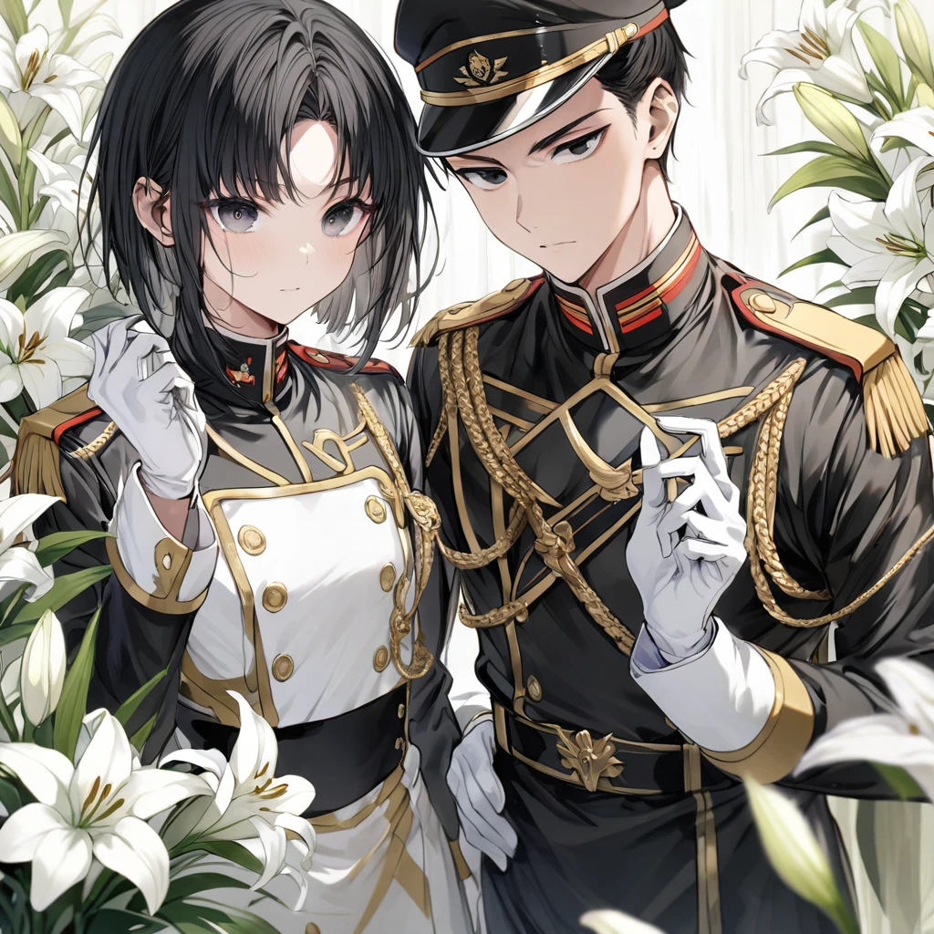 Black and gold military uniform, short black hair, young man, white gloves, white lilies, black eyes, military cap