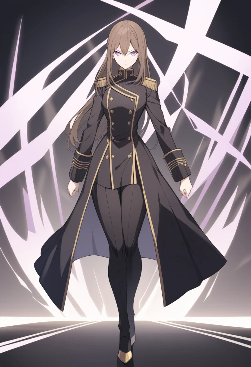 Illustrate a full-body anime girl with long, flowing brown hair, walking toward the viewer wearing a military shirt under a open long black overcoat with gold buttons, styled in a way that accentuates her confident and commanding presence. The character should have sharp, violet determined eyes and a poised expression.