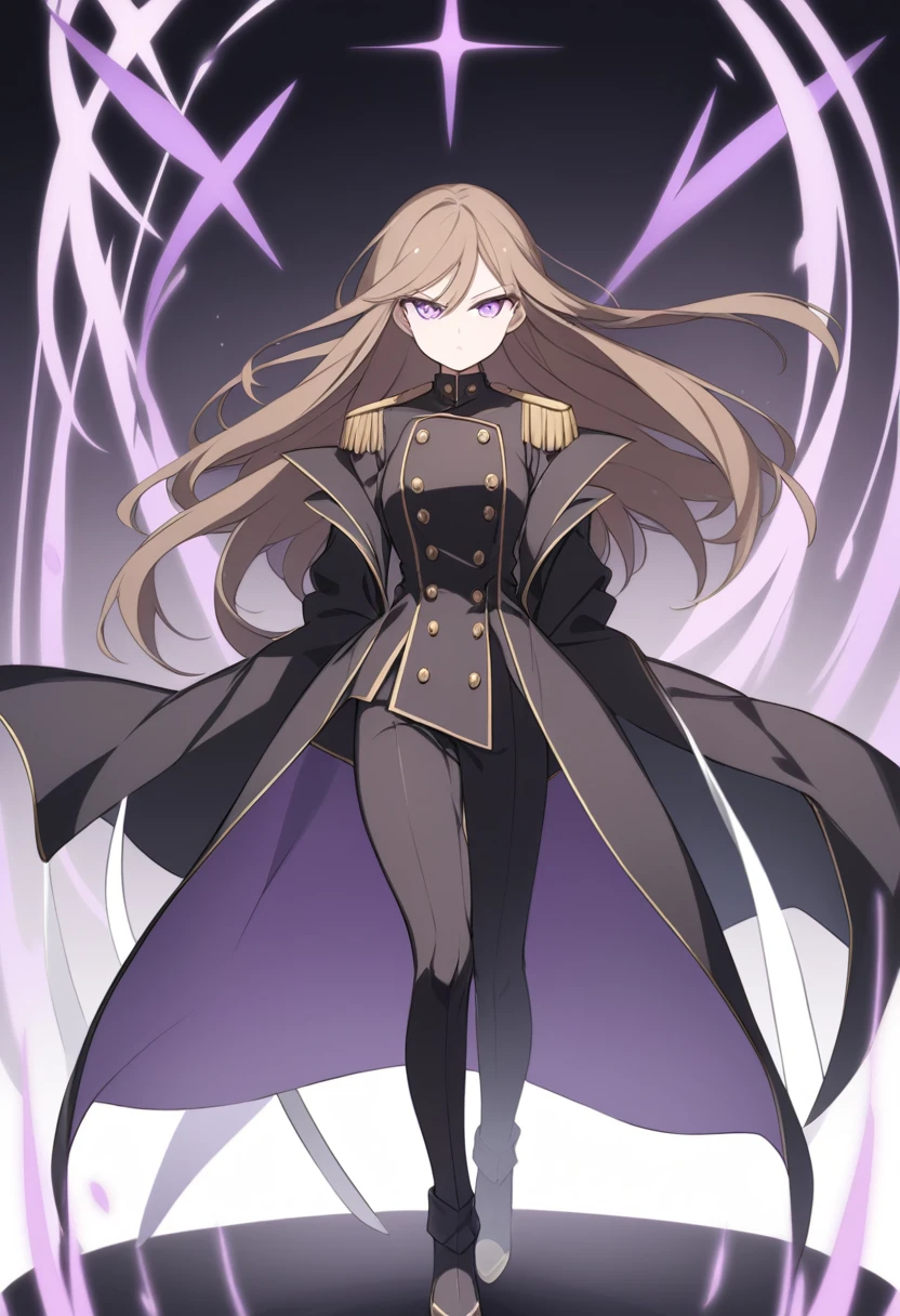 Illustrate a full-body anime girl with long, flowing brown hair, walking toward the viewer wearing a military shirt under a open long black overcoat with gold buttons, styled in a way that accentuates her confident and commanding presence. The character should have sharp, violet determined eyes and a poised expression.