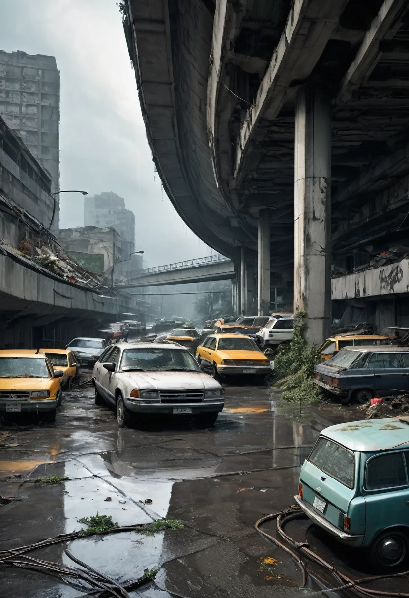 Image of a complex of curved car overpasses made of crumbling gray concrete supported by wide and tall pillars of cars passing over the center of a modern ultra futuristic abandoned city with abandoned crashed rusty and dirty rusty and upside down cars and buses standing still in the street, has dirty modern round and circular buildings in ruins, cyberpunkstyle, gray environment, image with shades of gray, rain and puddles of water on the ground, Science fiction, top view from a height of 130 meters above the ground, apocalipse nuclear, urban scenery with poles with traffic lights turned off and wires from poles lying on the ground, there is a rusty chain link fence around the buildings, There are billboards that have been erased and fallen from buildings, many buildings on the horizon, there are collapsed buildings, rubble and garbage in the streets, as realistic as possible, high qualiy, 4K, hyperdetailed