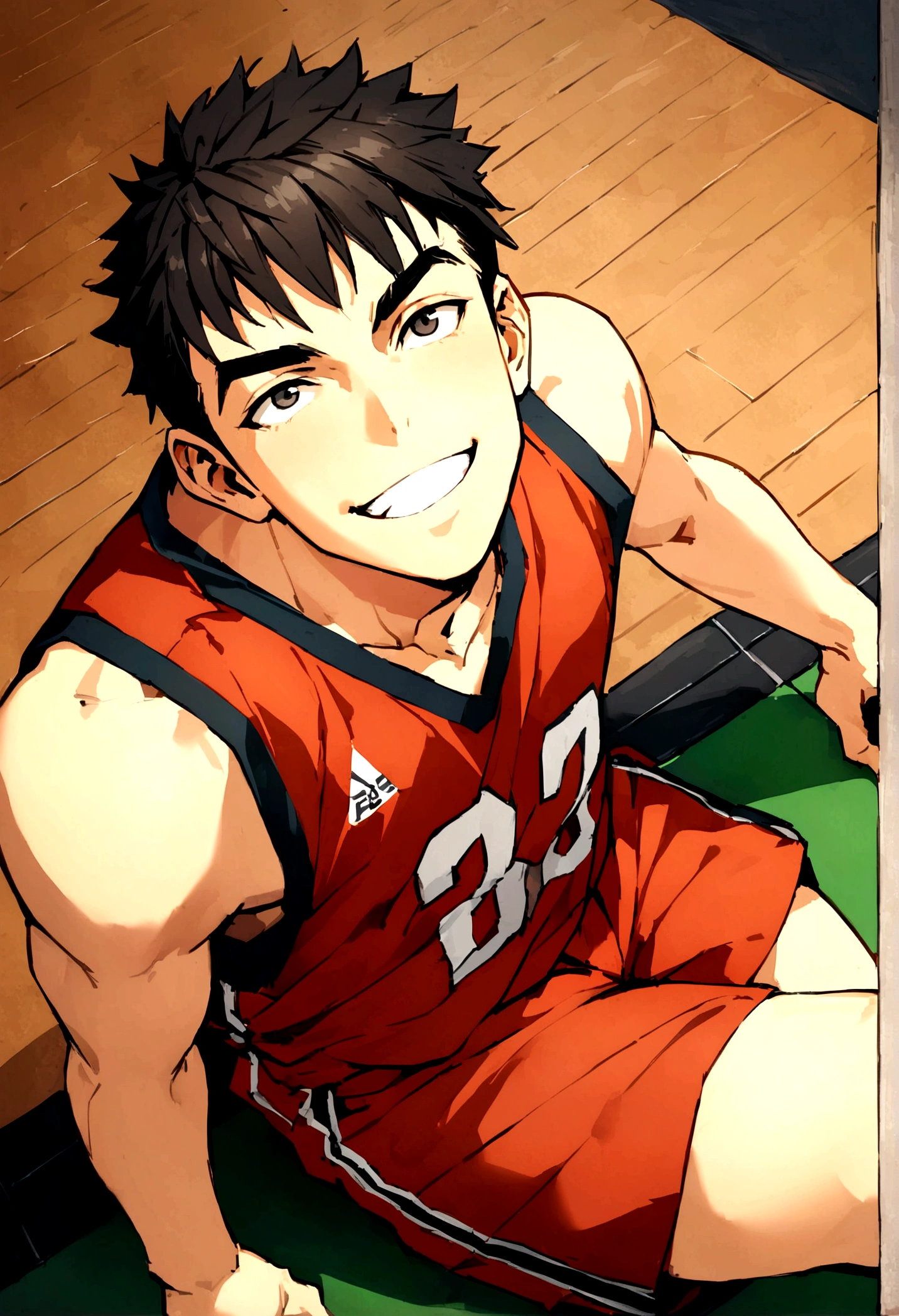 Japanese men、looks quite young、Tight basketball uniform、In the gym、Sitting on the floor with legs spread、Looking up at me、Sporty short hair、friendly smile、Guts pose