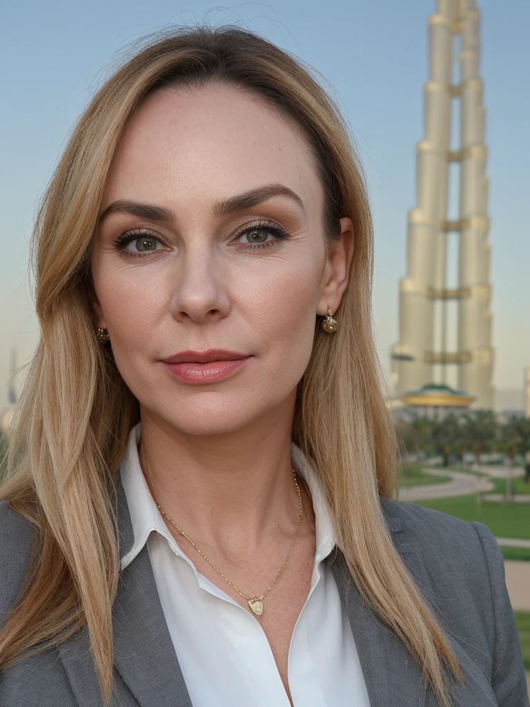 1 girl, (((Gretchen Barretto))), photorealistic photo of Gretchen Barretto, photo of a Swedish woman, (((full lips and wide forehead))), middle age, Blonde long straight hair, (((50-year-old woman))), body of 45-year-old woman, (((wrinkles on her face and body))), (((she is wearing a sexy corporate attire, she is standing on a park with the overlooking view of Dubai frame)))