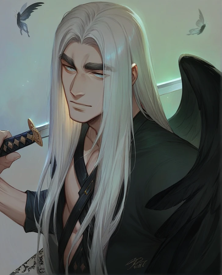 beautiful man, feline eyes, thick eyebrows, beautiful lips, splendid body, divine hair, white hair, perfect hair, cute coffee, beautiful hair, male beauty, sword, sword en su espalda, sword, well done body, prolixity, HD quality, 4K quality, digital art.