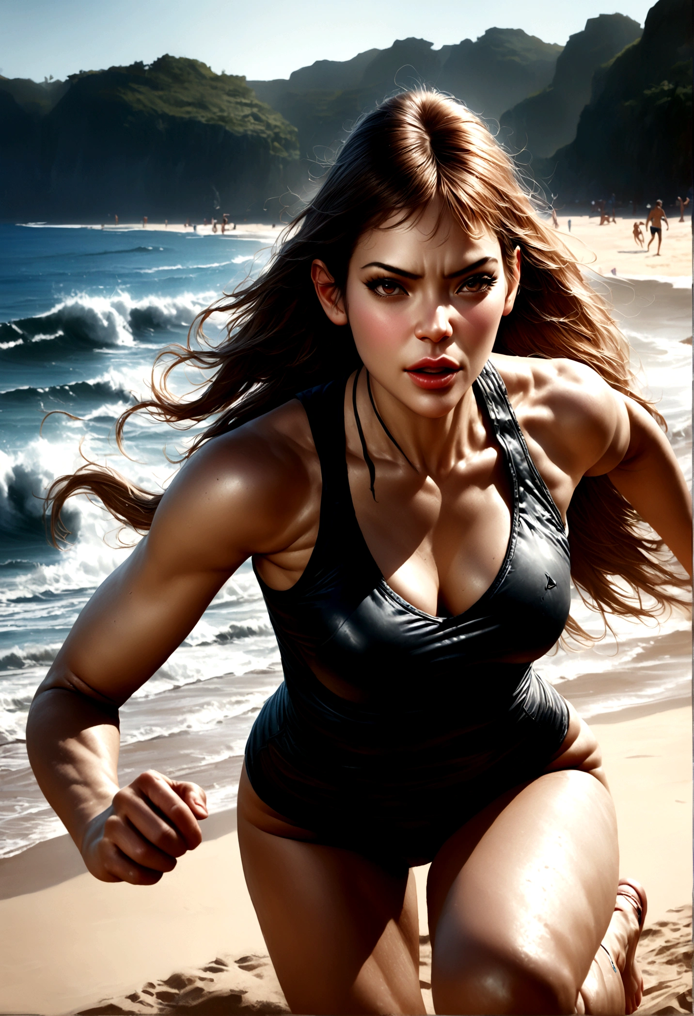 A beautiful woman playing beach volleyball, highly detailed, photorealistic, (best quality,4k,8k,highres,masterpiece:1.2),ultra-detailed,(realistic,photorealistic,photo-realistic:1.37),athletic body, toned muscles, sun-kissed skin, long flowing hair, intense expression, mid-jump, dynamic action pose, sandy beach, ocean waves in the background, warm golden hour lighting, vibrant colors