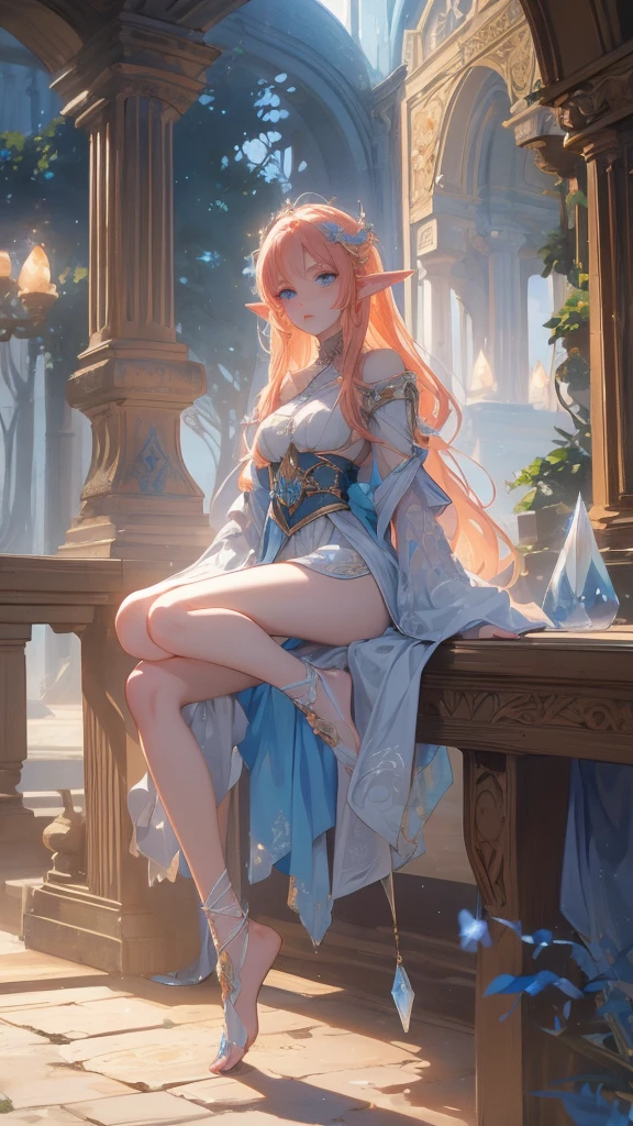 work of art, mythical effects, best resolution, ultra epic details, No defects, best result. better rendering, waifu fiery hair, ( BEAUTIFUL ELF ), ( crystal blue eyes) pale skin, blushed face, bare feet, wearing medieval clothing, Nature in the background, gazing at viewer, determination position, ( serious expression)