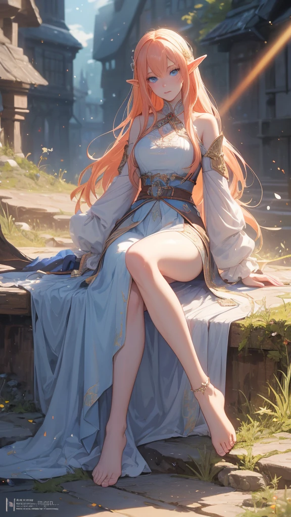 work of art, mythical effects, best resolution, ultra epic details, No defects, best result. better rendering, waifu fiery hair, ( BEAUTIFUL ELF ), ( crystal blue eyes) pale skin, blushed face, bare feet, wearing medieval clothing, Nature in the background, gazing at viewer, determination position, ( serious expression)