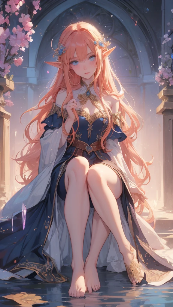 work of art, mythical effects, best resolution, ultra epic details, No defects, best result. better rendering, waifu fiery hair, ( BEAUTIFUL ELF ), ( crystal blue eyes) pale skin, blushed face, bare feet, wearing medieval clothing, Nature in the background, gazing at viewer, determination position, ( serious expression)
