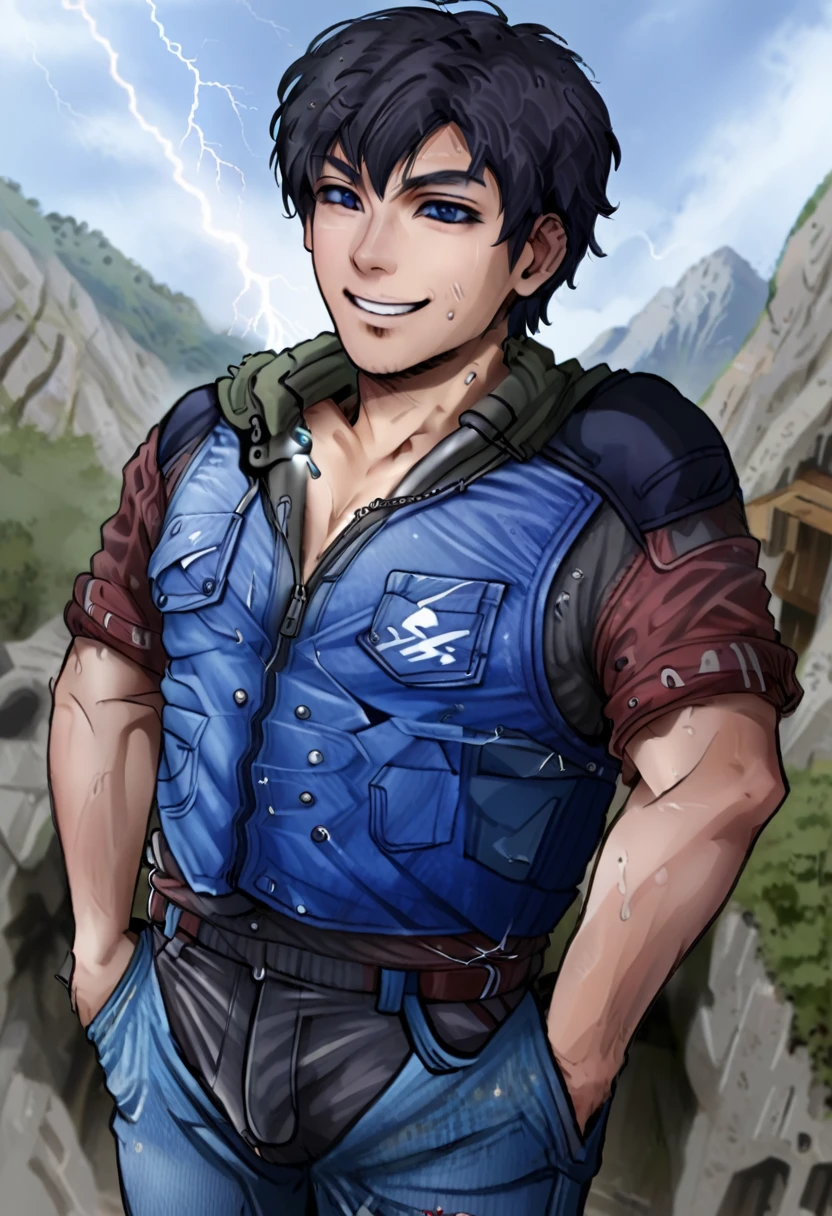 a young boy of 28 years old, ohma tokita, symmetrical face, defined body, sharp chin, blue eyes, short hair on both sides of the head, short hair on top, long hair at the nape of the neck, black hair, messy hair, cheerful smile, wearing a jean jacket, a simple black t-shirt, jeans, worn sneakers, necklace with a sapphire stone, in a combat position, destroyed sapphire fragments, lightning coming out of it, in some mountains, thunderstorms, alone