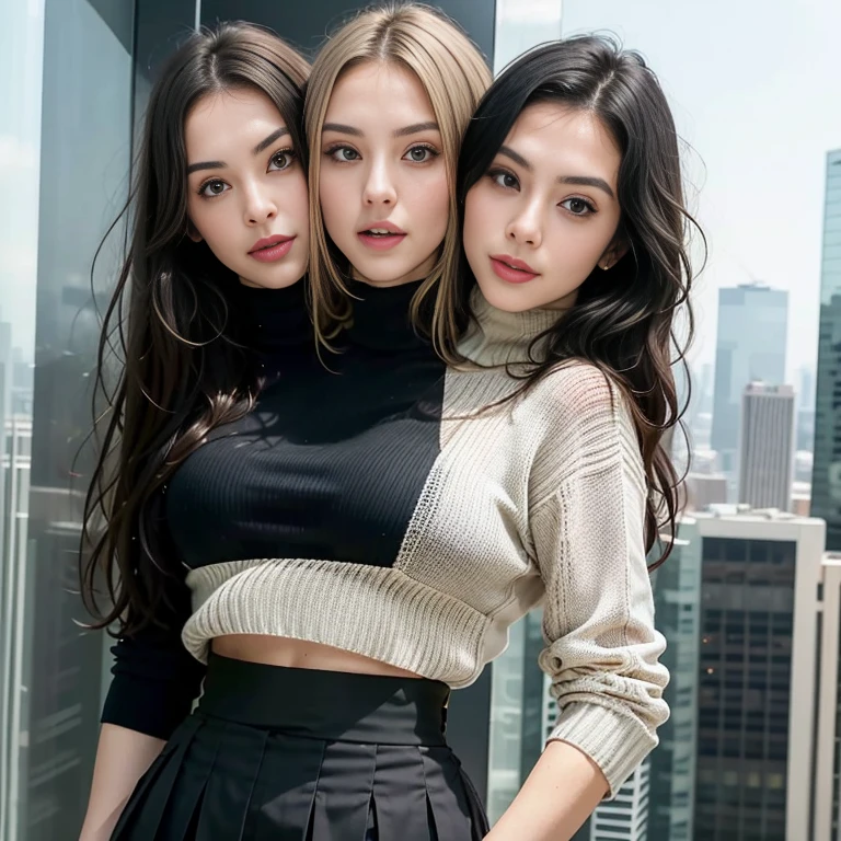  best resolution, close-up shot, woman with two heads, blonde woman next to brunette woman, talking, turtle neck sweater, high-waist skirt, skyscraper background