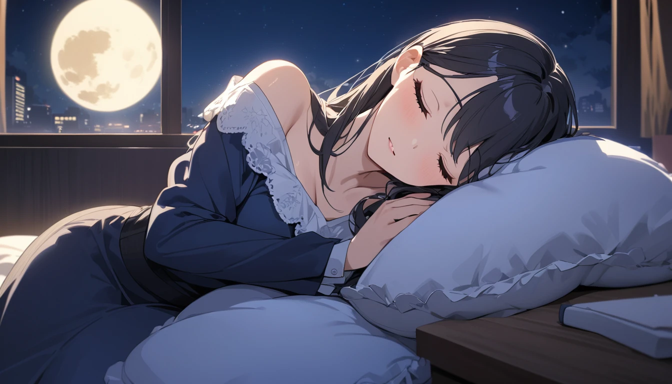 (Highest quality),Beautiful woman sleeping on a pillow ,a working woman,Large windows,Night Sky, star, full moon