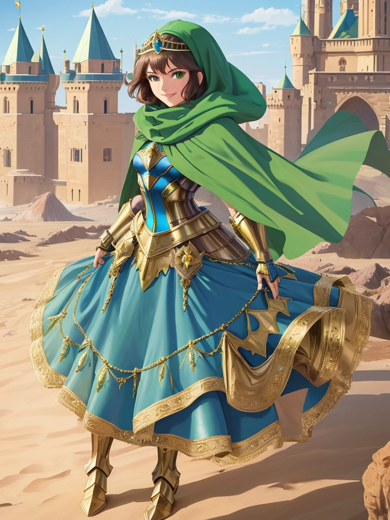 masterpiece, best quality:1.2), 1girl, smile, looking at viewer, green eyes, short brown hair, princess, armor, blue hijab headscarf, pauldrons, armored dress, green cloak cape, wearing puffy blue ballgown skirt, golden tiara with green gem, armored boots, fingerless gloves, standing in front of desert castle