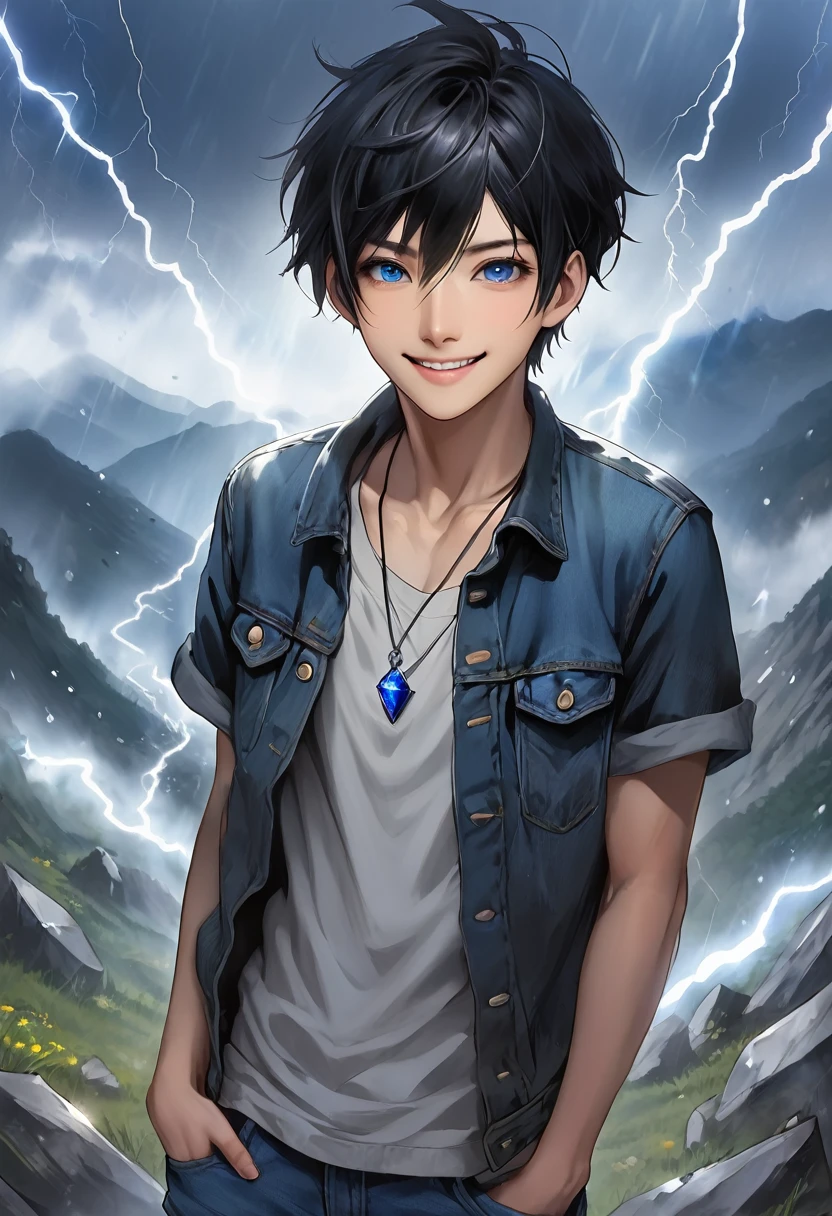 a young boy of 28 years old, ohma tokita, symmetrical face, defined body, sharp chin, blue eyes, short hair on both sides of the head, short hair on top, long hair at the nape of the neck, black hair, messy hair, cheerful smile, wearing a jean jacket, a simple black t-shirt, jeans, worn sneakers, necklace with a sapphire stone, in a combat position, destroyed sapphire fragments, lightning coming out of it, in some mountains, thunderstorms, alone