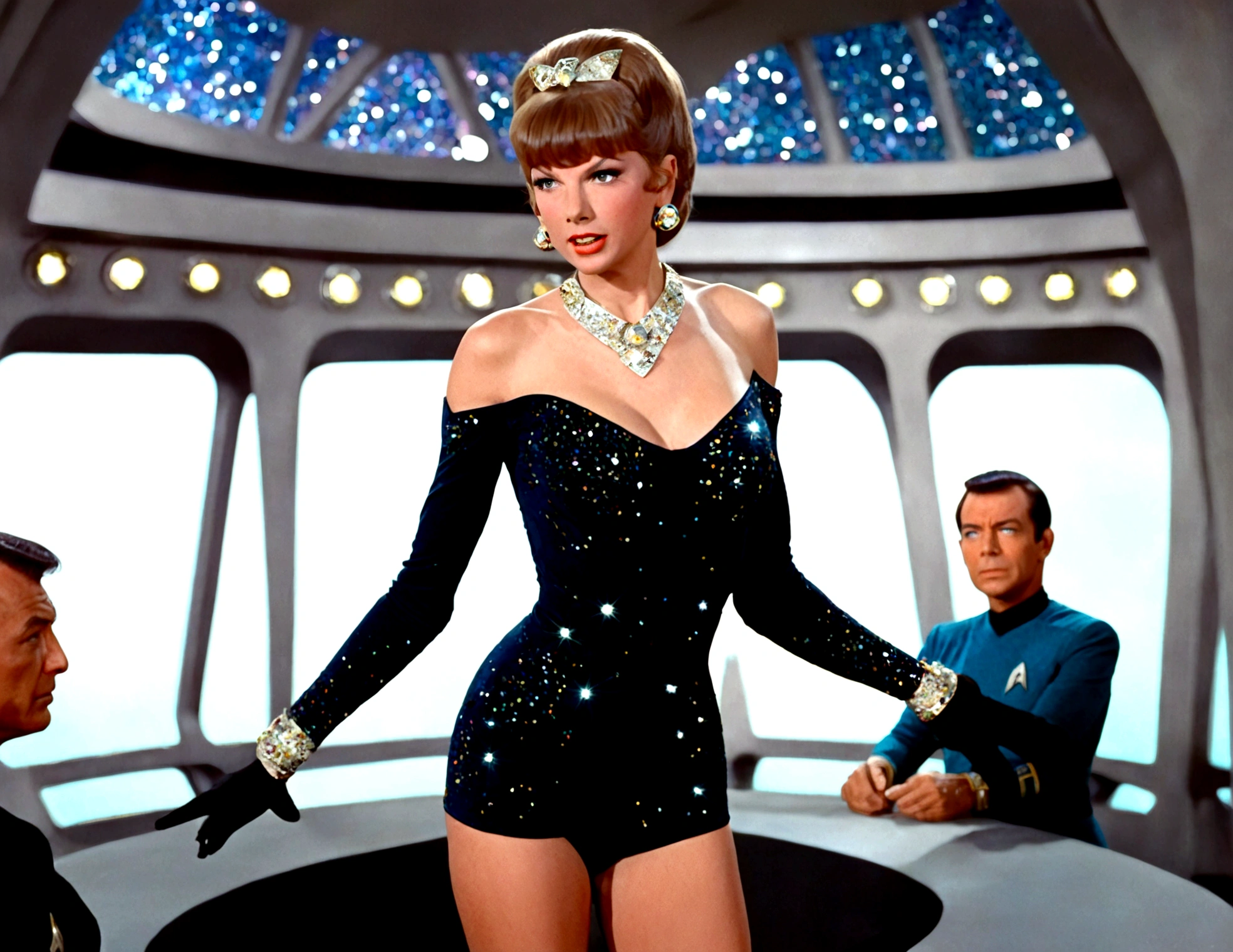 A swift woman (sexy stage outfit, lots of sparkles and sequins, gaudy jewelry) posing for glamour shots, bridge of 1950s star trek enterprise, crew watching her