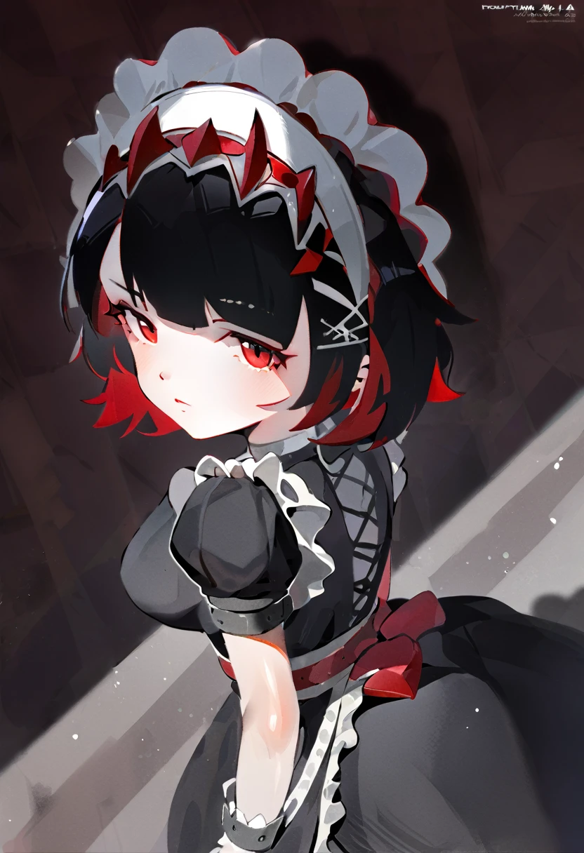 ((best quality)), ((Masterpiece)), (details), best art style,1girl, solo, breasts, looking at viewer, short hair, black hair, red eyes, dress, holding, short sleeves, pantyhose, red hair, multicolored hair, belt, apron, maid, maid headdress, shadow, piercing, red nails, red