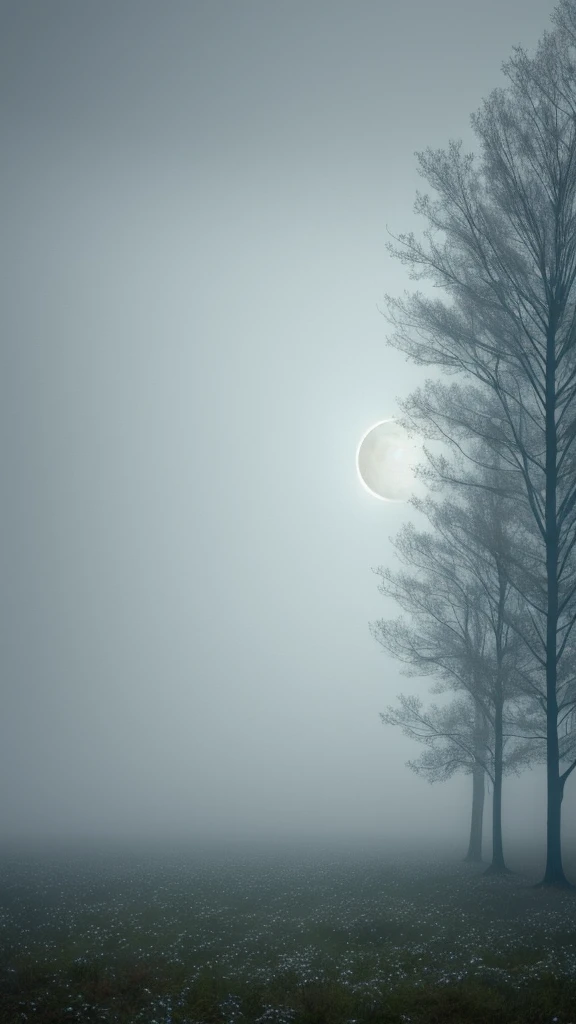 The scene depicted in the painting should be in tones of gray and delicate shades of white, with the dominant fog extending over the entire composition.
In the central part of the painting, endless fields shrouded in fog, full of blurred, ethereal shapes of dreams. Birds float above them, their outlines barely visible, as if made of snowflakes, blurring in the invisible wind.
The sky above the fields is dark, devoid of stars, but against its background you can clearly see the moon made of a delicate spider's web, from which a silvery thread flows down, connecting night with day, dreams with reality. The atmosphere of the painting should be calm, mysterious, almost meditative, conveying the feeling of infinity and unfulfillment.